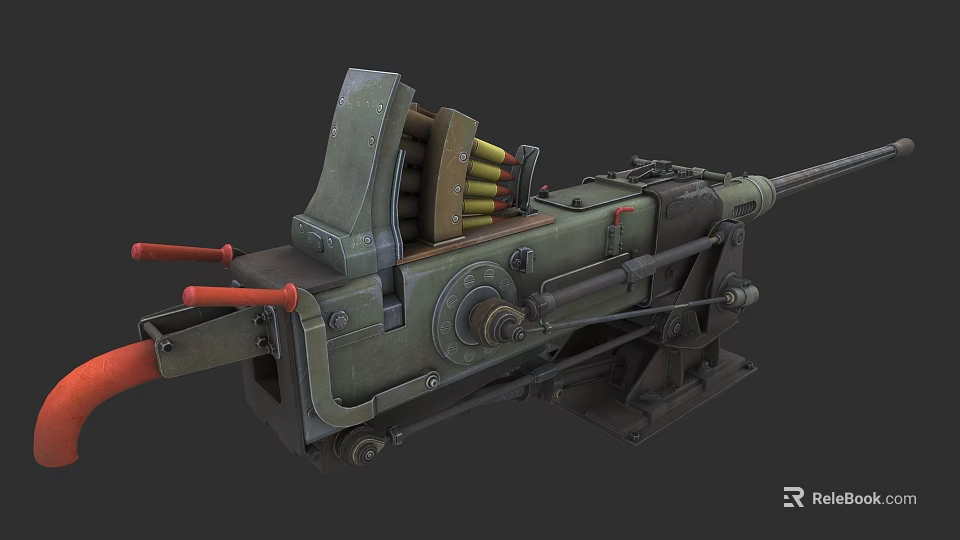 Vintage Green Machine Gun With Ammunition Belt Mount And Red Handle 3d model 