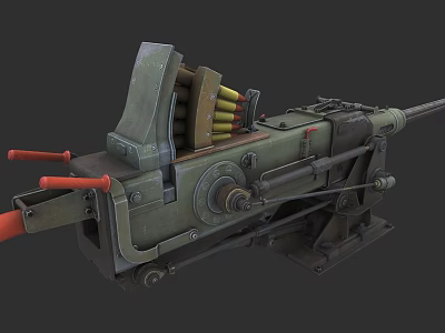 Vintage Green Machine Gun With Ammunition Belt Mount And Red Handle 3d model