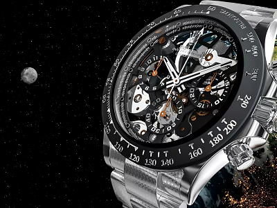 Luxury Mechanical Watch with Complex Dial Design Starry Sky Moon and Earth Metal Strap 3d model