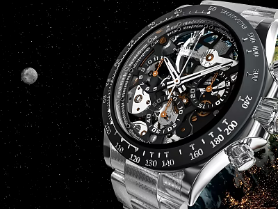 Luxury Mechanical Watch with Complex Dial Design Starry Sky Moon and Earth Metal Strap 3d model