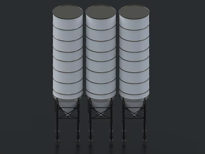 Three Vertical Cylindrical Industrial Storage Tanks With Supporting Frames For Material Storage 3d model