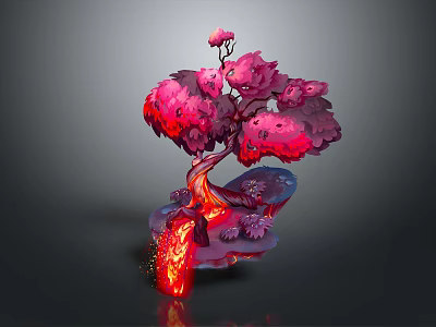 Unique Artistic Tree with Pink Leaves Red Lava Flowing Glowing Base 3d model