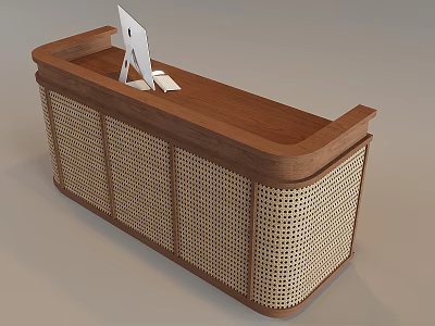 Modern Wooden Cashier Counter With Woven Front Panel And White Monitor 3d model