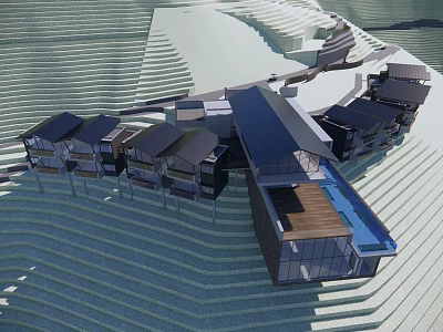 Modern Hillside Hotel Building Featuring Angular Roof Multi Level Structure And Glass Terrace 3d model