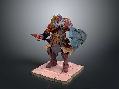 Armored Man in Ornate Armor Holding Weapon and Shield on Stone Platform 3d model