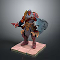Armored Man in Ornate Armor Holding Weapon and Shield on Stone Platform