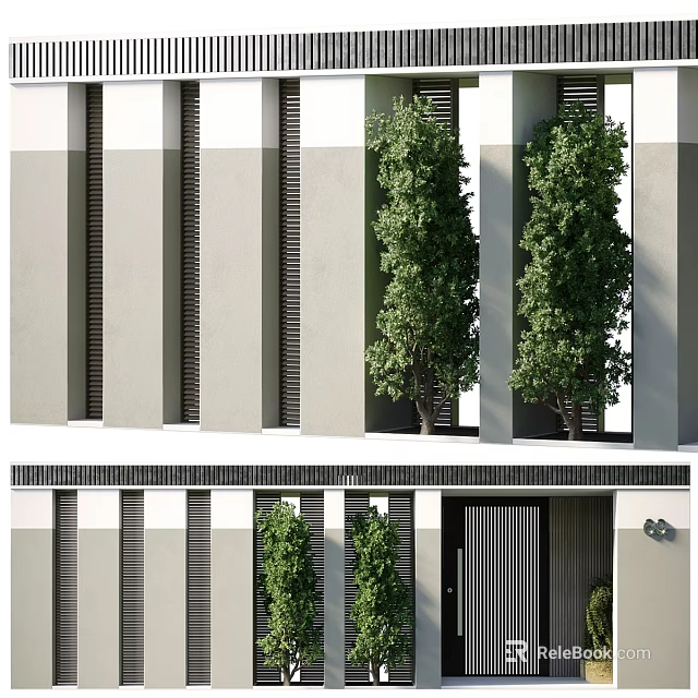 Gray White Modern Building Exterior With Vertical Stripes Green Trees And Black Door 3d model 