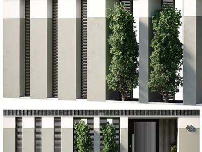 Gray White Modern Building Exterior With Vertical Stripes Green Trees And Black Door 3d model