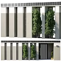 Gray White Modern Building Exterior With Vertical Stripes Green Trees And Black Door