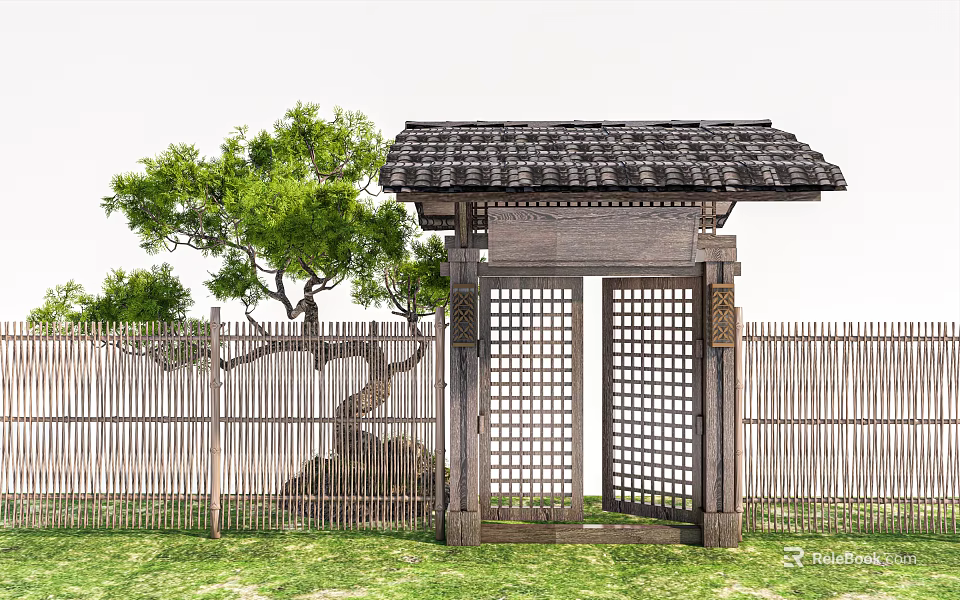 Traditional Wooden Entrance Gate With Bamboo Fence And Styled Tree 3d model 