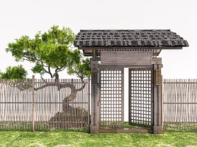 Traditional Wooden Entrance Gate With Bamboo Fence And Styled Tree 3d model