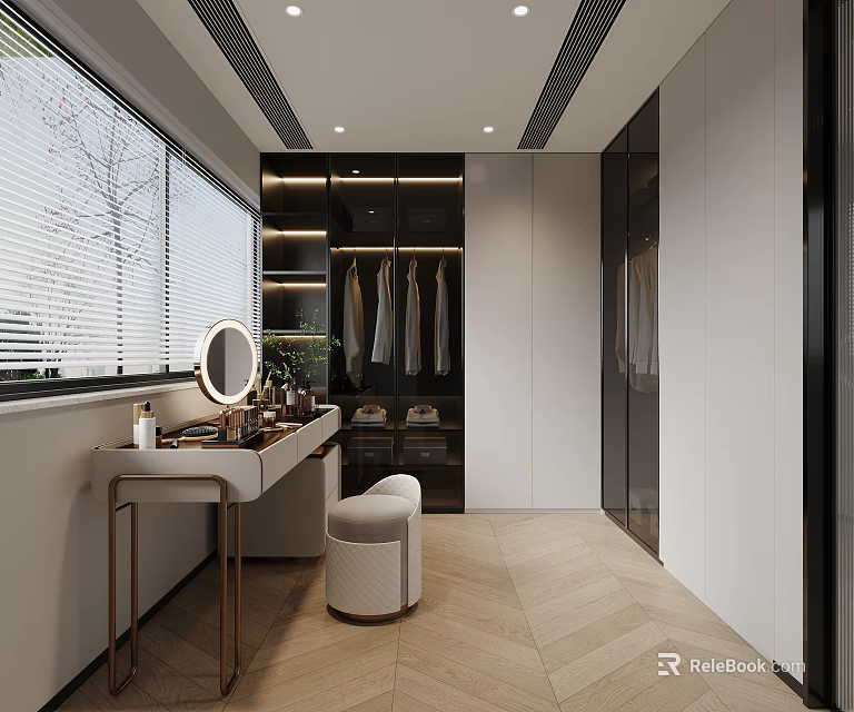 Modern Walk In Closet With Dressing Table Mirror And Stool 3d model