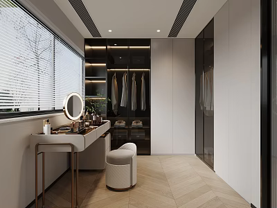 Modern Walk In Closet With Dressing Table Mirror And Stool 3d model