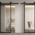 Modern Barn Doors With Glass Panels Metal Frames In Interior With Potted Plant And Figurine