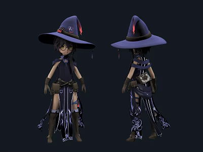 Game and Movie Character Wizard With Purple Hat Striped Outfit Feather Accents Front Back Views 3d model