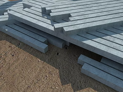 Gray Precast Concrete Hinged Door Panels Stacked On Sandy Ground Surface 3d model