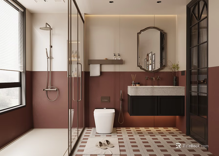 Modern Bathroom Interior With Glass Shower Toilet Sink Mirror And Tiled Floor Design 3d model 