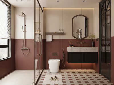 Modern Bathroom Interior With Glass Shower Toilet Sink Mirror And Tiled Floor Design 3d model