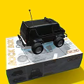 Electric Toy Remote Control Car Black with Antenna Big Wheels on Packaging Box Yellow Background
