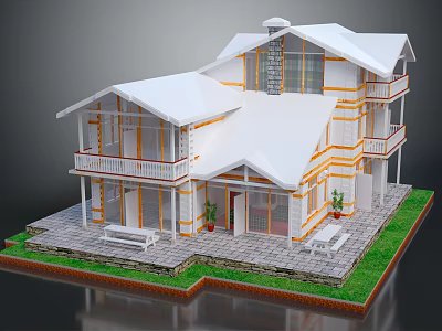 Cartoon Style Two Story House With White Roof Yellow Trim Balconies Lawn Bench Potted Plants 3d model