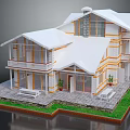 Cartoon Style Two Story House With White Roof Yellow Trim Balconies Lawn Bench Potted Plants