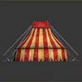 Vibrant Red And Yellow Striped Circus Tent With Star Patterns And Support Poles