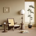Wooden Rattan Lounge Chair With Side Table Floor Lamp And Potted Plant Near Window Blinds