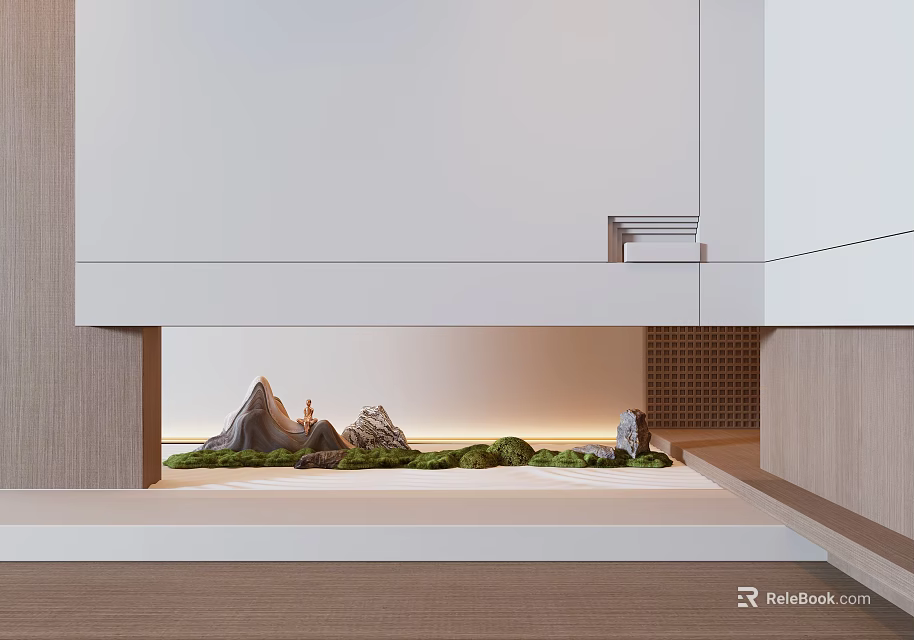 Indoor Miniature Garden Decor With Rock Formations Green Plants And Small Statue 3d model 