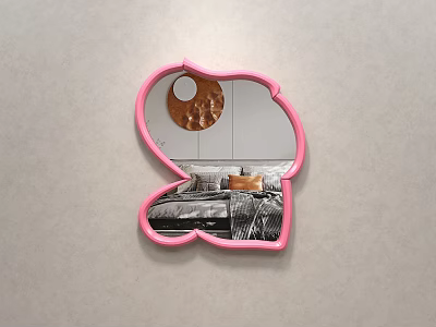 Pink Frame Cartoon Shaped Mirror Reflecting Bedroom Interior With Bed And Nightstand 3d model