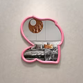 Pink Frame Cartoon Shaped Mirror Reflecting Bedroom Interior With Bed And Nightstand