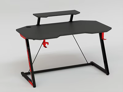 Modern Gaming Entertainment Desk With Black Surface Upper Shelf And Red Accent Legs 3d model