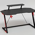 Modern Gaming Entertainment Desk With Black Surface Upper Shelf And Red Accent Legs