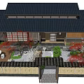 Traditional Japanese Courtyard Garden with Wooden Bridge Stone Lantern Green Statues and Stones
