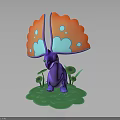 Vibrant Fantasy Purple Creature Character With Orange Blue Wings On Green Plant Base