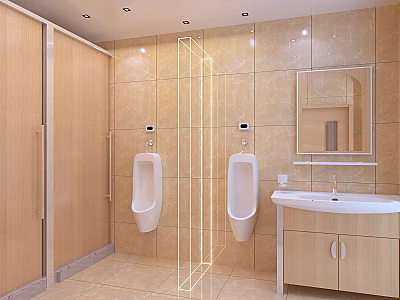 Public Restroom Interior With Urinals Wooden Stalls Sink Mirror And Tiled Walls 3d model