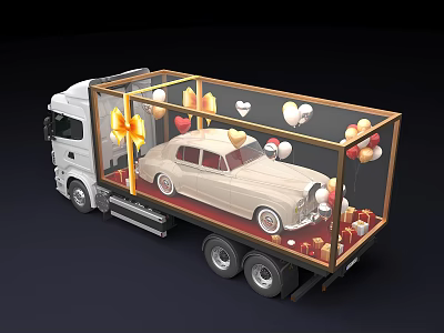 Functional Truck with Transparent Container Carrying Vintage Car Gift Boxes Balloons and Bow Decorations 3d model