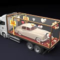 Functional Truck with Transparent Container Carrying Vintage Car Gift Boxes Balloons and Bow Decorations