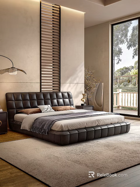 Modern Bedroom Interior With Leather Upholstered Double Bed Nightstands And Window View 3d model 