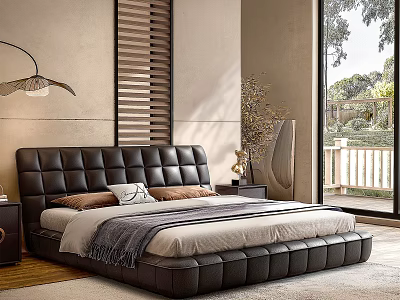 Modern Bedroom Interior With Leather Upholstered Double Bed Nightstands And Window View 3d model