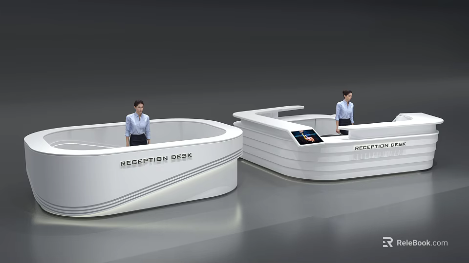 Modern White Curved Reception Desk With Staff And Tablet 3d model 
