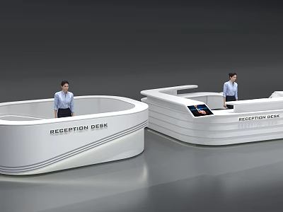 Modern White Curved Reception Desk With Staff And Tablet 3d model