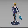 Blonde Female Character in Blue Tight-Fitting Outfit Holding Blue Object Standing on Circular Base