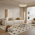 Modern Cream Style Living Room Sofa Coffee Table Combination Lazy Sofa Stool Hanging Picture Green Plant Side Table Chandelier 3d model