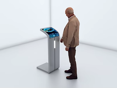 Elderly Man Using Interactive Touchscreen Kiosk in Modern White Room 3d model