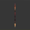 Red And Golden Spear With Flame Shaped Head And Intricate Shaft Design