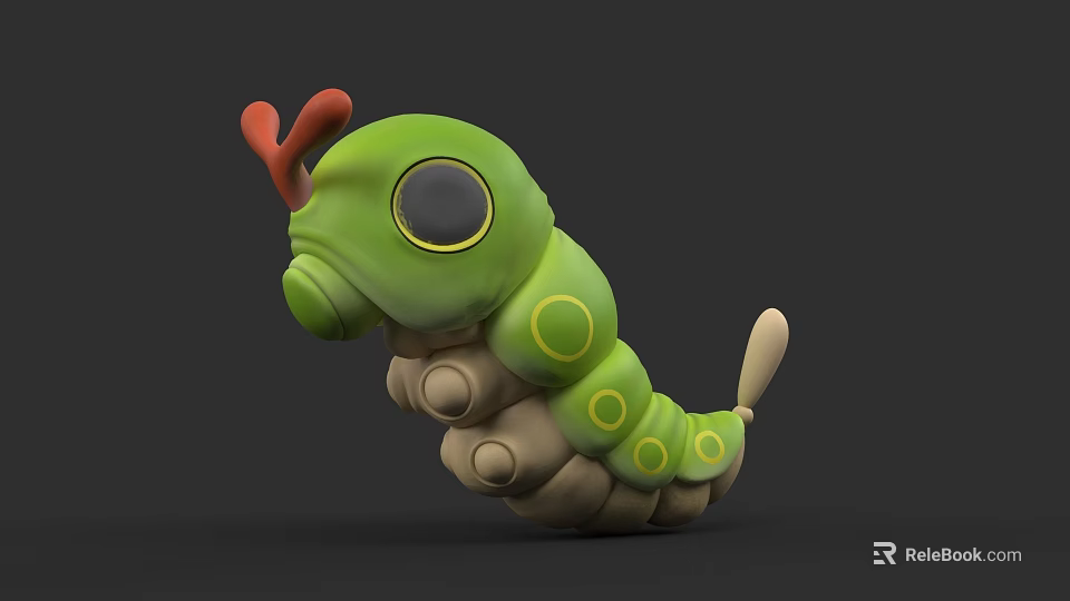 Cartoon Style Green Caterpillar With Red Antennae Large Eyes And Yellow Spots 3d model 