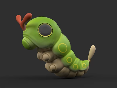 Cartoon Style Green Caterpillar With Red Antennae Large Eyes And Yellow Spots 3d model
