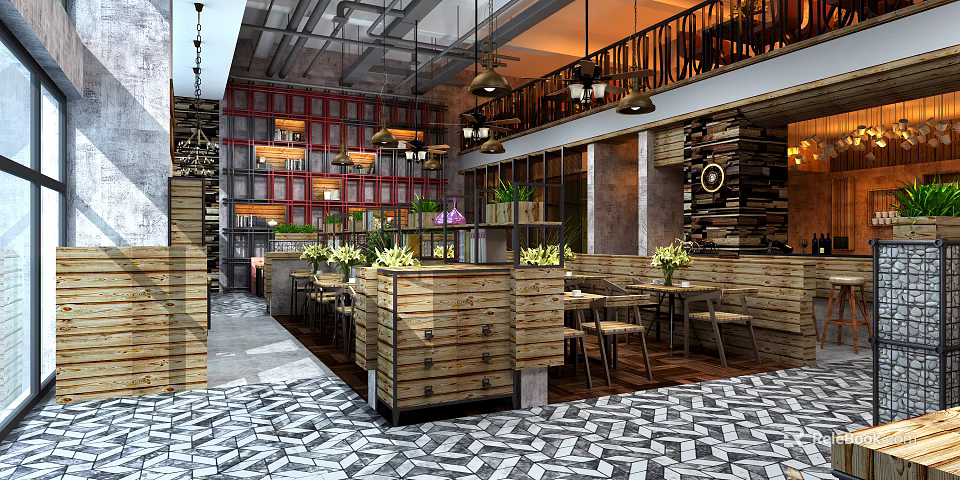 Industrial Style Café Interior With Wooden Counter Hanging Lights Green Plants And Patterned Floor 3d model 