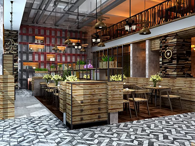 Industrial Style Café Interior With Wooden Counter Hanging Lights Green Plants And Patterned Floor 3d model