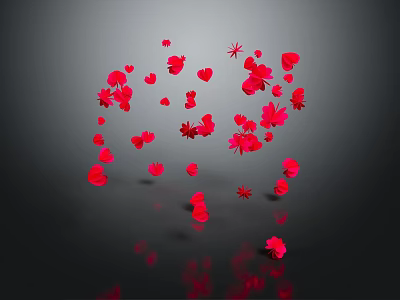 Red Blooming Flower Petals Scattered On Black Background With Floating Reflections 3d model